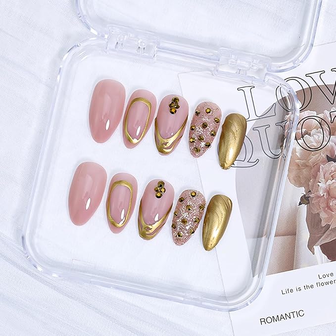 24Pcs Gold French Tip Press on Nails Medium Almond Fake Nails with Glitter Rhinestones Full Cover Acrylic Nails Gold Chrome Glue on Nails Almond Artificial False Nails French Stick on Nails for Women