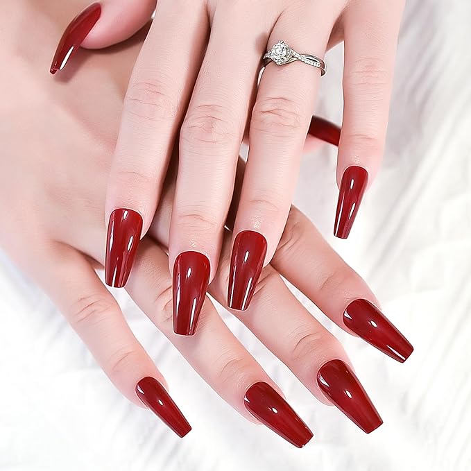 Glossy Red Press on Nails Long Coffin False Nails Faux Ongles Reusable Solid Color Nail Art Tips Salon DIY Manicure Acrylic Fake Nails Gifts for Women Girls