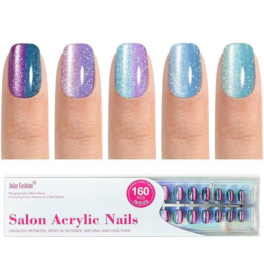Cat Eye Press on Nails Short - 5 Styles Unique Two-color Ombre Cat Eye Press on Nails, Bt Art Box Press On Nails, Soft Gel x Coat Nails False Nails in 16 Sizes - 160 PCS Soft Glue On Nails Kit