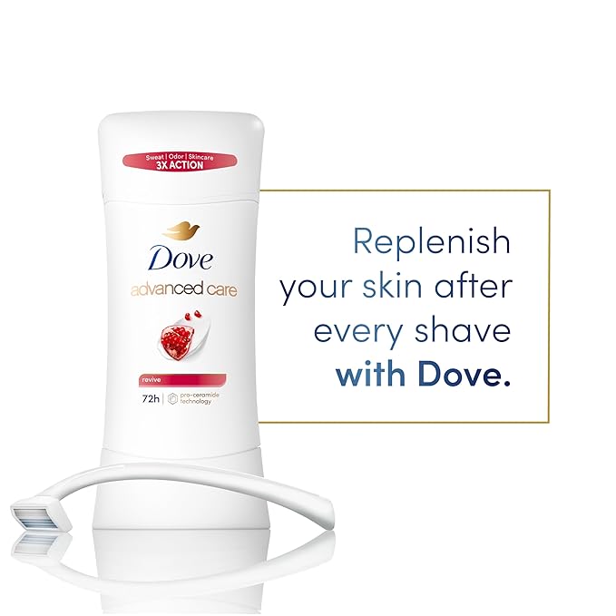 Dove Advanced Care Antiperspirant Deodorant Stick Revive to help skin barrier repair after shaving by boosting skin's ceramide levels 72 hour odor control and all-day sweat protection 2.6 oz