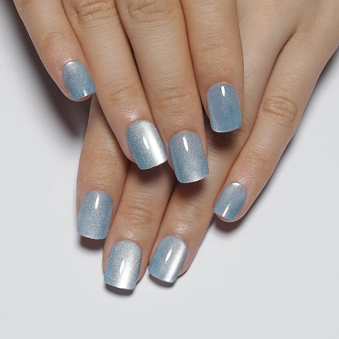 Light Blue Press On Nails Square – Short Cat Eye Fake Nails with Color-Shifting Glow, Reusable Stick On Nails, 15 Sizes, 30 Nail Kit with Glue, Thick Glue On Nails for Women, M2-Aurora Mist