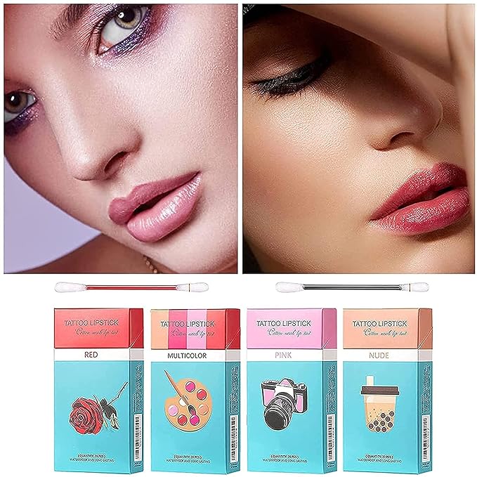 FLIPNEX 20Pcs Cotton Swab Tattoo Lipstick, Tattoo Lipstick Cotton Swab Lip Tint, Waterproof and Long Lasting Liquid Non-Stick Portable Lip Gloss (Multicolor)