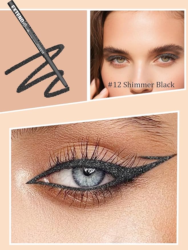 Shimmer Black Gel Glitter Eyeliner Pencil, Metallic Waterproof Smudge-Proof Creamy Retractable Smooth Eye Liner pencil, Hypoallergenic Long Lasting Eyeliner Brightener Pen Eye Makeup Gift for Women#12