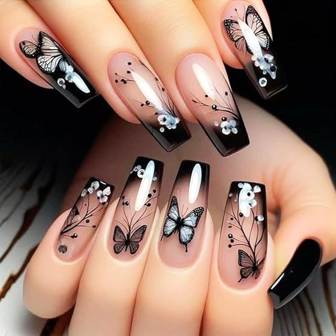 24Pcs Black Butterfly Press on Nails Glossy White Flower Medium Coffin False Nail Gradient Acrylic Full Cover Fake Nails French Gel Glue on Fingernails Ombre Stick on Nail for Holiday Manicure Art