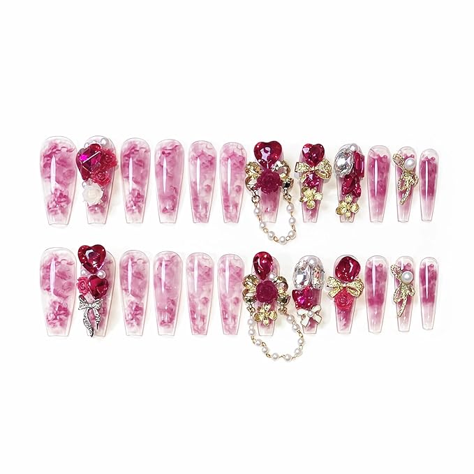 BABALAL Press on Nails Long Coffin Fake Nails Pink Glue on Heart Bow Charm Luxury Shine Acrylic Nails 24Pcs DIY Glossy Bling Artificial False Nails Supplies Handmade Ballerina Nail for Women Nails Art