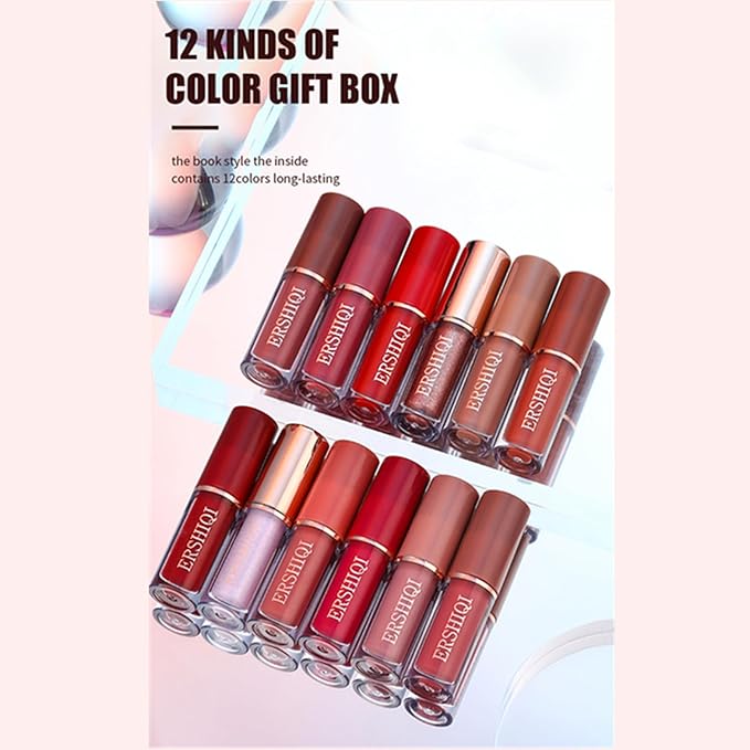 12Pcs Nude Matte Liquid Lipstick Set, Waterproof Long Lasting Non-Stick Cup 12 Colors Nude Lipstick 24 Hour Not Fade Matte Lipstick Professional Lip Gloss Makeup Christmas Gift Sets for Women