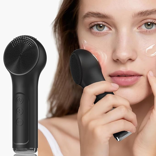 Silicone Facial Cleansing Brush, Portable Electric Face Scrubber with Heat and Vibration, 3 Modes Adjustable, Waterproof IPX6, USB-C Rechargeable, Deep Cleansing, Exfoliating and Massage（Black）