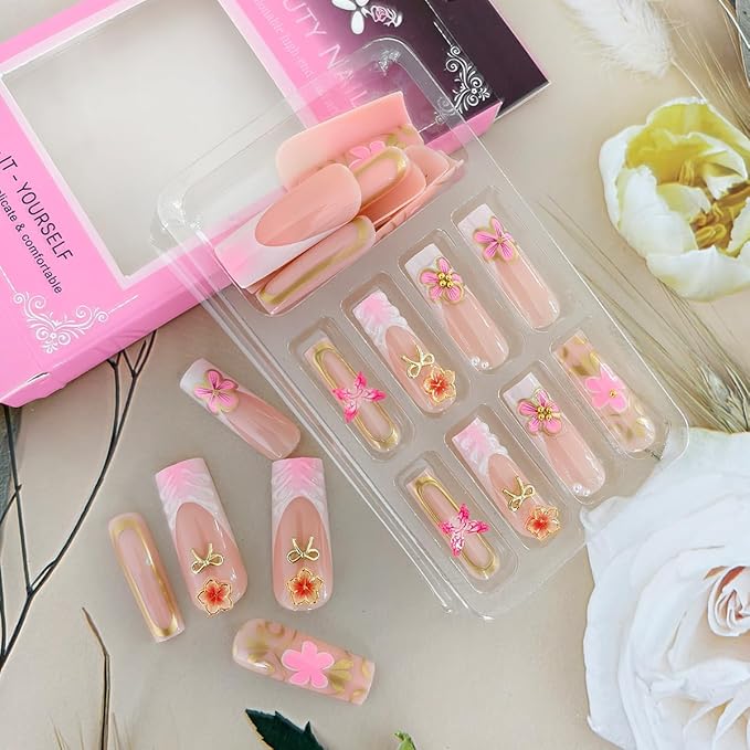 24Pcs Long Press on Nails French Tip Fake Nails with 3D Flower Butterfly Designs Pink Gold Floral Bow Nail Charms Artificial Acrylic Nails Luxury Glue on False Nails for Women Manicure Decorations