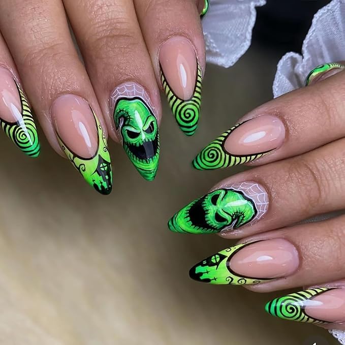 24Pcs Goth Press on Nails Medium Almond French Tip Fake Nails Horror Monster with Black Castle Design Horror Green Full Cover Artificial Glue on Nails Goth False Nails for Women Acrylic Manicure DIY