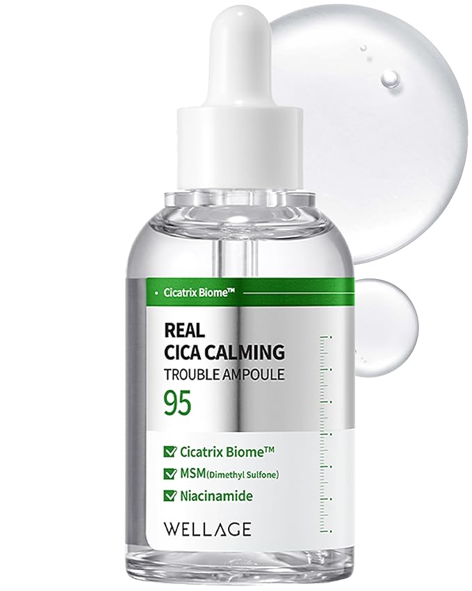 WELLAGE Real Cica Calming Trouble Ampoule - Korean Skincare Soothing Serum, Madecassoside Centella Asiatica Panthenol Niacinamide, Relief Redness, Sebum Control, Improves Blemishes, 1.69 fl.oz.
