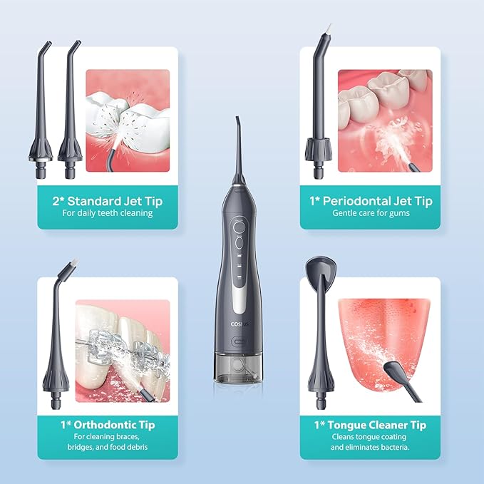 COSLUS Water Dental Flosser Teeth Pick: Portable Cordless Oral Irrigator 300ML Rechargeable Travel Irrigation Cleaner IPX7 Waterproof Electric Flossing Machine for Teeth Cleaning C20(F5020E) Grey