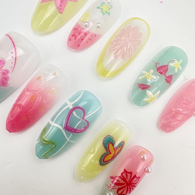 30Pcs Pink Press on Nails Medium Almond Fake Nails with 3D Flower Pearl Starfish Design Summer Bikini Shell Butterfly False Nails Pineapple Orange Colorful Acrylic Stick on Nails for Women