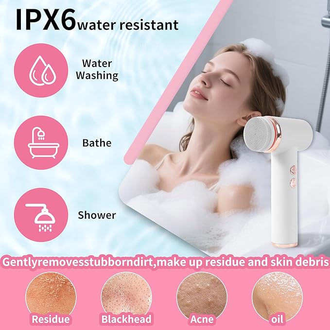 4 in 1 Facial Cleansing Brush, Multi Function Electrical Face Wash, Brush IPX6 Waterproof Portable Face Scrubber, 5 Speed Adjustable, 2 Rotation Directions Adjustable, Gift for Women Men (White)