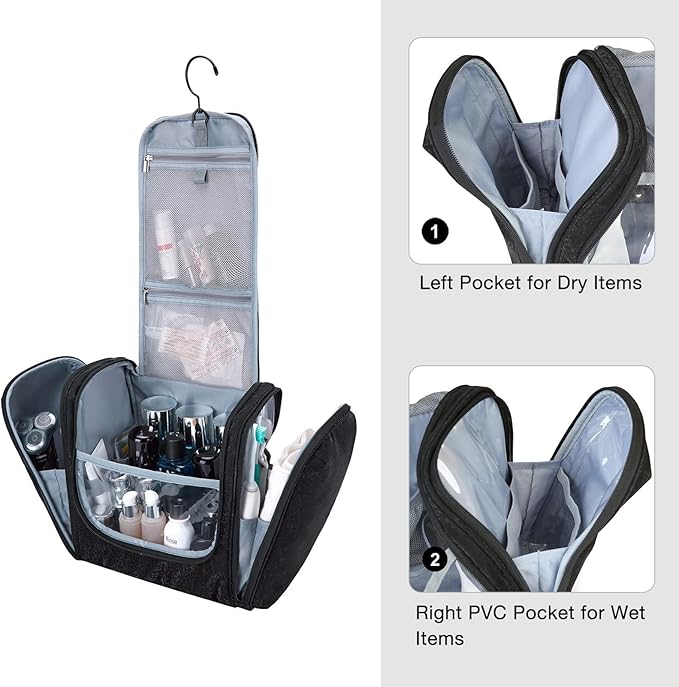 BAGSMART Extra Large Toiletry Bag Hanging Toiletry Bag for Travel, Water-resistant Cosmetic Makeup Travel Bag, Capacity Travel Bag Organizer for Full-size Toiletries, Black-Large