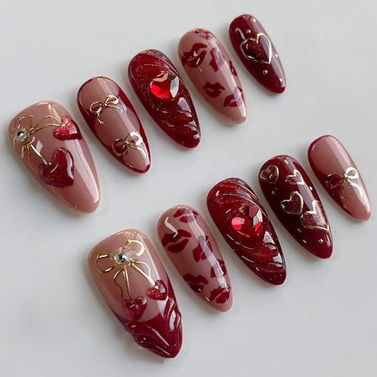 IMRAIN Press on Nails Medium Almonds Fake Nails with Heart Rhinestone Design Glossy Acrylic False Nails Full Cover Stick on Nails Cute Cherry Bow Glue on Nails for Women Manicure 24Pcs