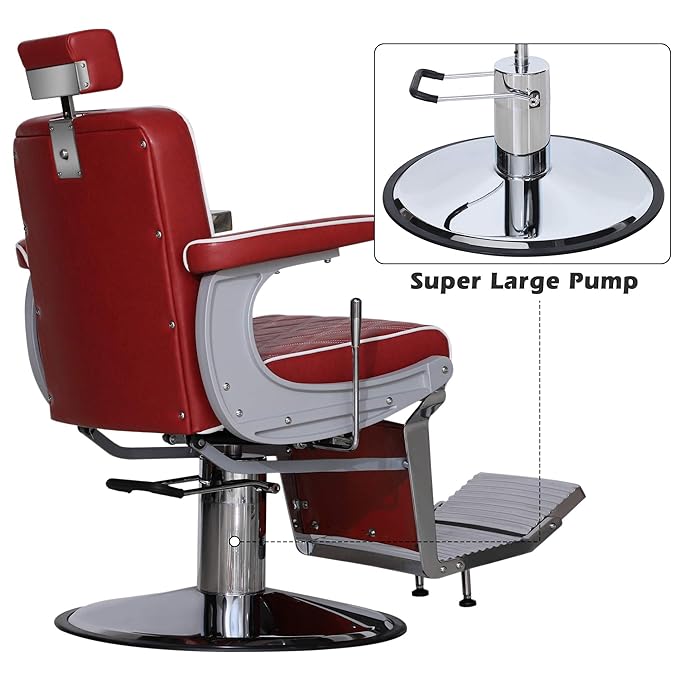 BarberPub Heavy Duty Metal Vintage Barber Chair All Purpose Hydraulic Recline Salon Beauty Spa Shampoo Equipment 3825 (Red with White Stitches)