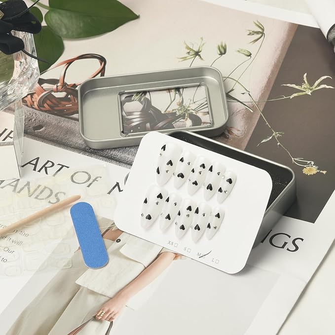 White Press On Nails Black Heart & Rhinestone Design- Handmade Medium Almond Gel Acrylic 10pcs Reusable (Night Sweetheart, Size S)