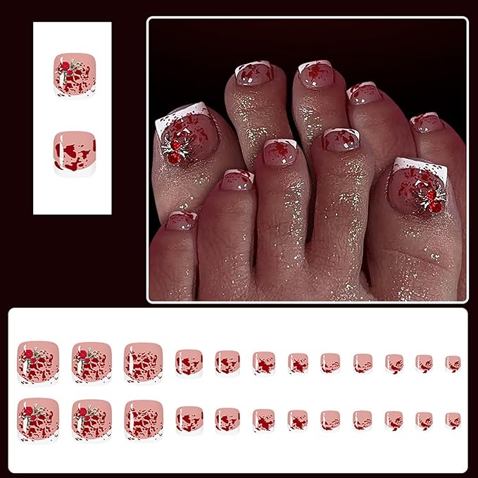 24Pcs French Tip Press on Toenails Short Square Fake Toe Nails with Bloody Designs 3D Spider False Toenails Glue on Nails Halloween Acrylic Nails Press on Spider Rhinestones Stick on Nails for Women