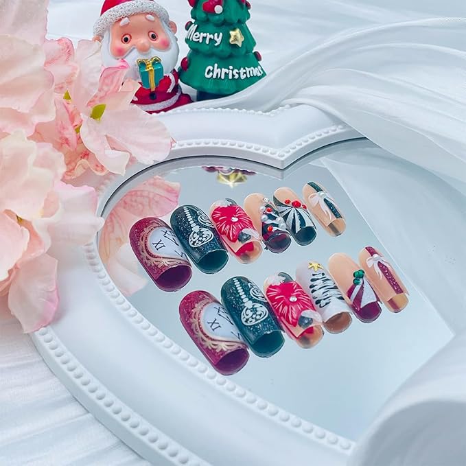 24Pcs Christmas Press on Nails Long Square French Tip Fake Nails 3D Flower Acrylic Nails Christmas Tree with Rhinestones Design Winter False Nails Reusable Handmade Stick on Nail for Women Manicure
