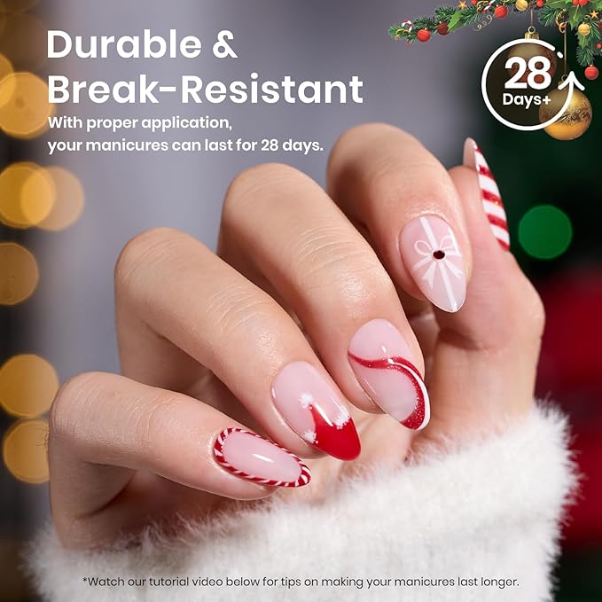 Beetles Gel Nail Tips Etch-X, Almond Short Christmas Limited Set, 288pcs 12 Sizes, Pre-Etched Half Matte Full Cover Soft Acrylic False Nail Tips Almond Shape Easy DIY Extension Salon Gift for Women