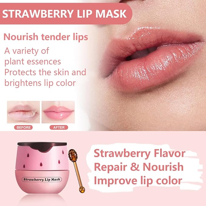 Strawberry Lip Balm Sleeping Lip Mask, Lip Balm with Stick, Lip Scrubs Exfoliator, Day & Night Lip Care - Hydrate Repair Prevent Dry (Strawberry)