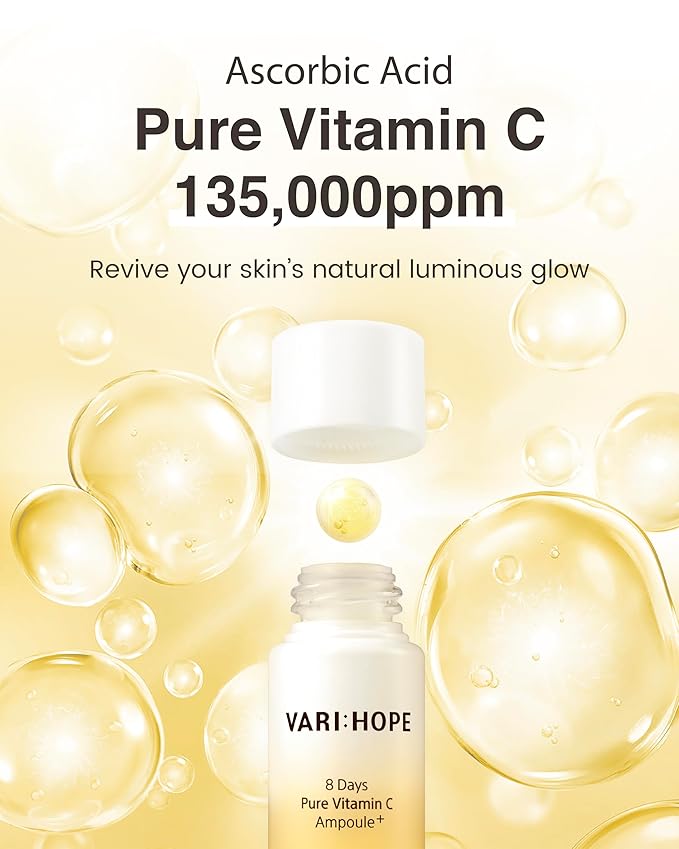 VARIHOPE 8 Days Vitamin C Serum - High-Potency Ascorbic Acid for Brightening, Dark Spot Care & Even Skin Tone, Korean Skin Care Ampoule for Glowing, Radiant Skin, 0.5 fl oz