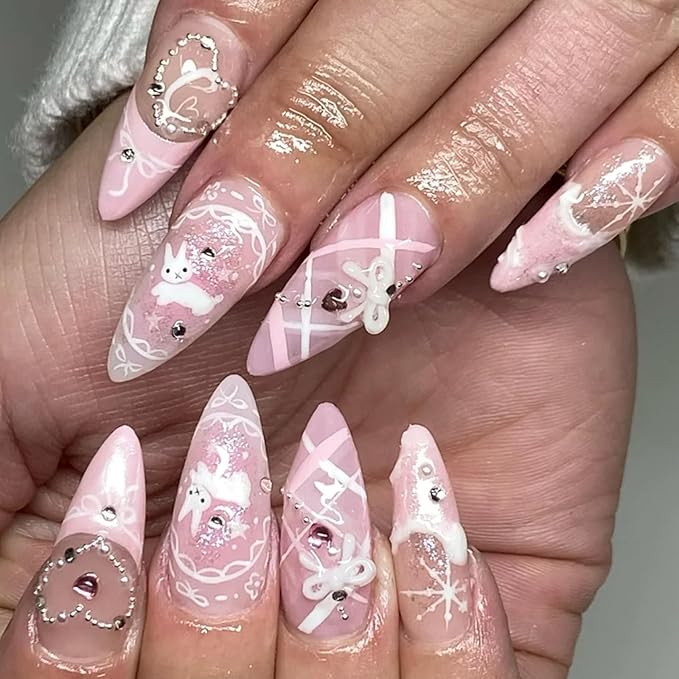 Cute Press on Nails Long Almond Fake Nails with Heart Pearl Bow Rhinestones Designs French Tip Nails Press ons Pink False Nails for Women 24Pcs