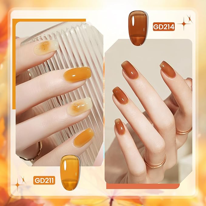 JODSONE 6 Colors Gel Nail Polish Set Fall Collection Jelly Effect Soak Off Need U V LED Gel Polish Set Autumn Mauve Brown RedSalon-Quality DlY Home Manicure
