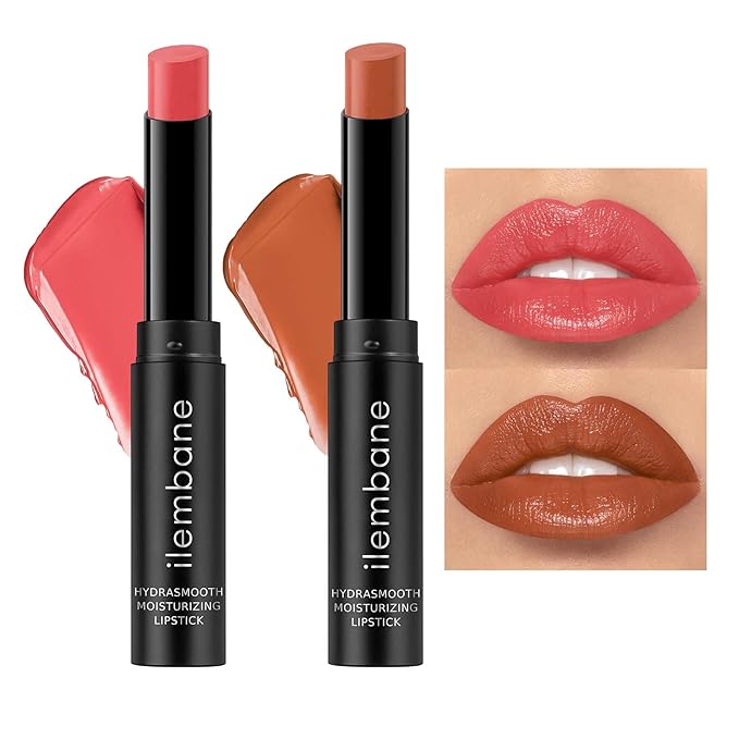 2-Pack Petal Pink&Latte Brown Moisturizing Lipstick Set – Hydrating Creamy Lip Color for Dry, Cracked Lips, Weightless Glossy Lip Balm with Vitamin E, Long Lasting Vegan Lipstick