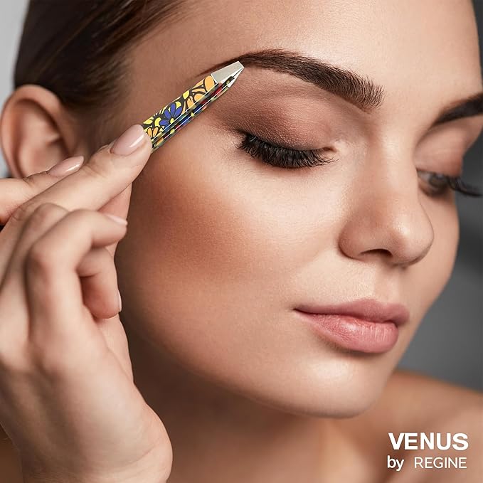 Venus by Regine Slant Tweezers - Handmade Precision Tool for Women & Men, 25-Degree Angle for Shaping Eyebrows & Grooming Facial Contours, Suitable for Eyebrow & Facial Hair Removal (Large Flowers)