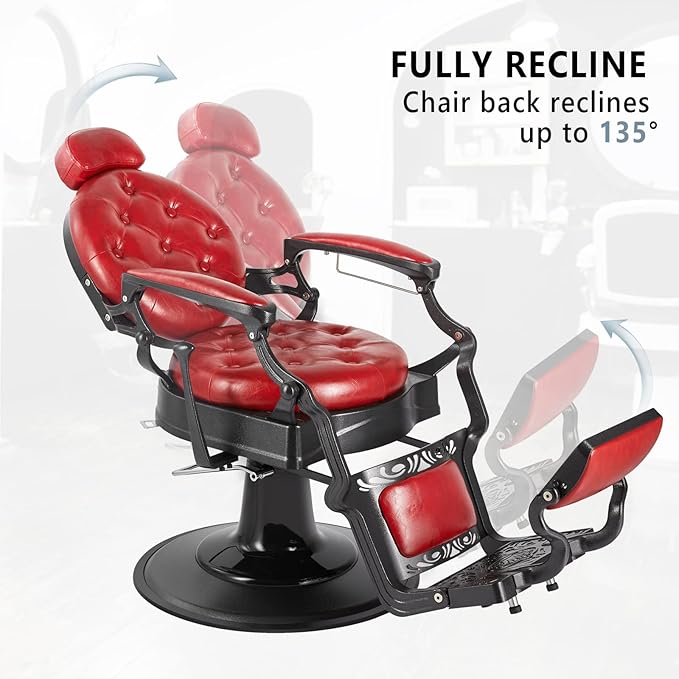 OmySalon Vintage Barber Chair Red All Purpose Heavy Duty, Hydraulic Recline Salon Beauty Styling Chair Retro Red, 360 Degree Swivel for Hair Stylist Tattoo, Round Base, Tufted Button