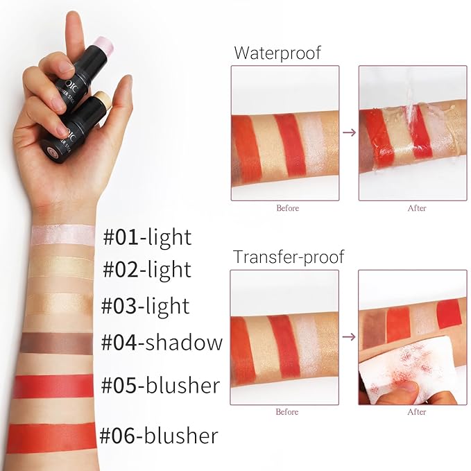 3-in-1 Cream Contour Stick with Highlighter, Bronzer, Illuminator & Blush, Face Contour Stick Makeup with Brush & Sponge, Long Lasting