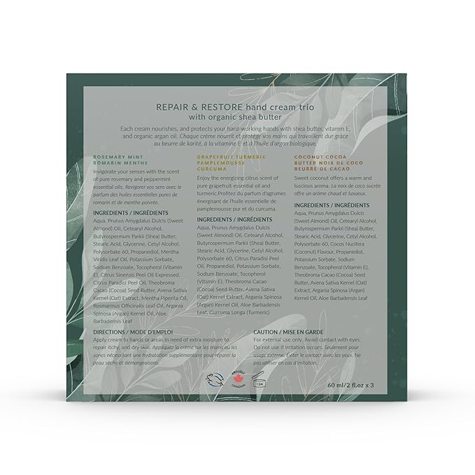 Hand Cream Set of 3, with Shea Butter, Cocoa Butter, Argan & Almond oil, Moisturizing Dry Hands, (Grapefruit Turmeric + Rosemary Mint + Coconut Cocoa Butter) 60 ml (2 fl.oz.) x 3