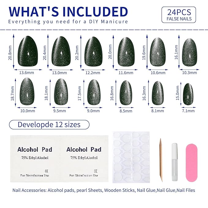 Almond Press On Nails Short, Green Cat Eye Press on Nails with Glue for Women Ashionable Gel False Nails Reusable Acrylic False Nails Women's Glitter Nails Glue On Nails Kit, Avocado Green