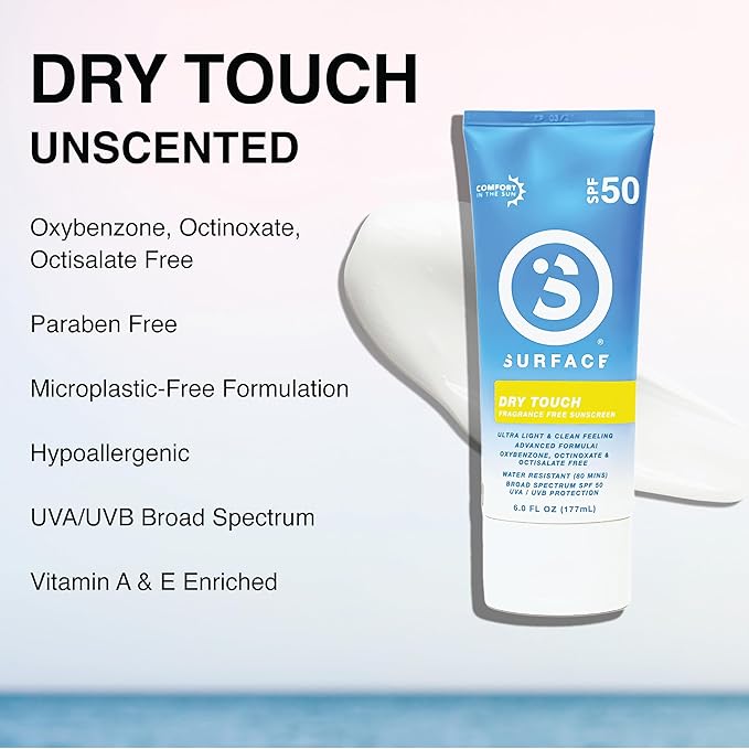 Surface Sunscreen Lotion SPF 50 for Face and Body, Natural Formula, Lightweight and Reef Friendly, Broad Spectrum UVA UVB Protection, Water Resistant Sun Care for Outdoor Use, Fragrance Free, 6oz
