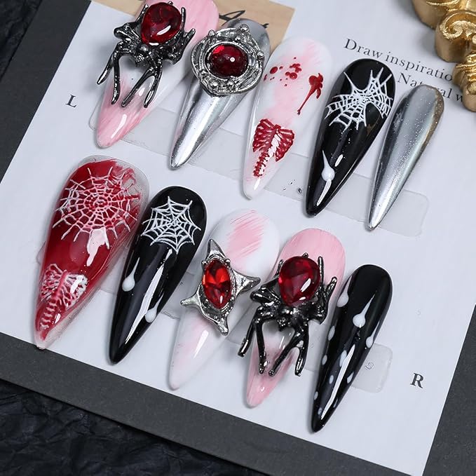 10Pcs Halloween Handmade Press on Nails Long Almond Fake Nails 3D Star Spider False Nails with Y2k Gothic Design Silver Glitter Stick on Nails Black Full Cover Artificial Glue on Nail for Women DIY