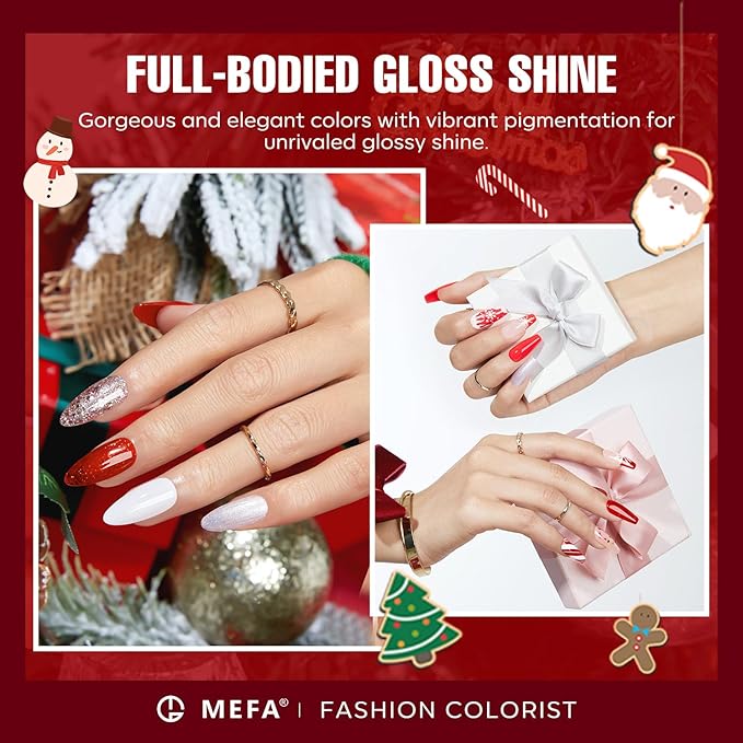 MEFA 6 Colors Red Gel Nail Polish Set, Fall Winter Christmas Glitter Shades Sparkle Silver Champagne Love Times Tones Salon Decorations Nail Art Design at Home Manicure DIY Kit Gifts for Women Girl