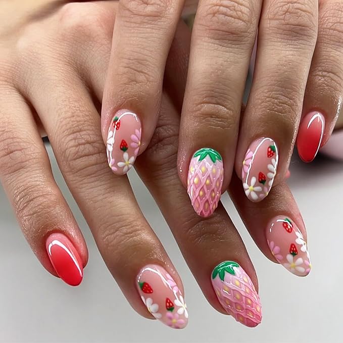 24pcs Flower Press on Nails Short Almond Fake Nails with 3D Strawberry Designs Cute Summer Fruit False Nails Kit Floral Stick on Nails Full Cover Acrylic Nails Glue on Nails for Women