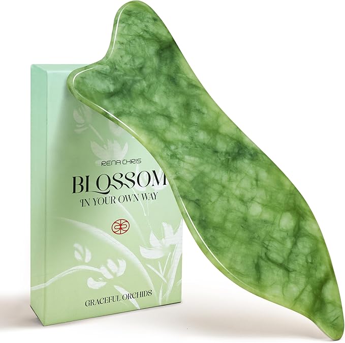 Rena Chris Natural Jade Gua Sha Facial Tools - Acupressure & Gua Sha for Face Massage, Jawline Sculpting, Puffiness Reduction, Skin Care Tool (Green)