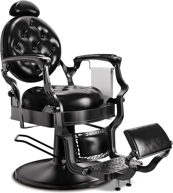 Baasha Classic All-Black Barber Chair, Retro Reclining Salon Chair with Thick Padding & Adjustable Headrest, Heavy-Duty Construction, Tattoo & Hair Chair