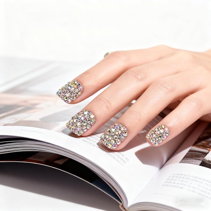 24pcs Handmade 3D Rhinestones Press On Nails Square Short Nails Women Girls Gifts Salon Manicure Shiny Crystal Nail Art Tips Fake Nails Reusable Acrylic False Nails