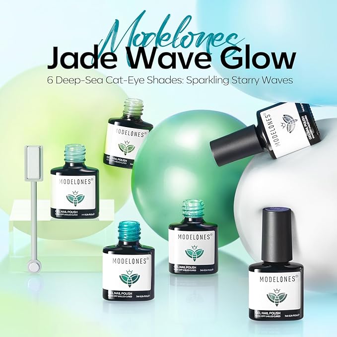 modelones Glitter Gel Nail Polish Set, 6 Colors White Green Lake Blue Pearl Shimmer 9D Cat Eye Gel Polish with Magnet Soak Off LED Nail Art Kit Salon DIY Home Gift