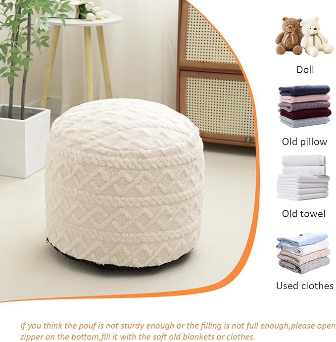 Round Stuffed Pouf Ottoman, Corduroy Poufs with Foam Chunk Filling, Furry and Fluffy Pouf Foot Stool Storage Beige 26"