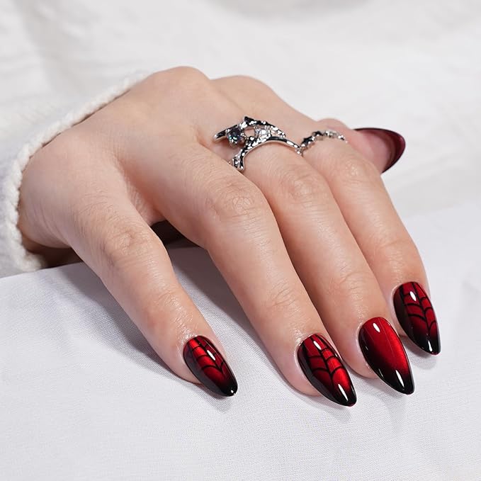 Red Press on Nails, Short Press on Nails Almond Reusable Glossy Cat Eye Nails Soft Gel False Nails Web Press ons for Women, 16 Sizes 32 Count Nails Kit with Glue (SV-10)