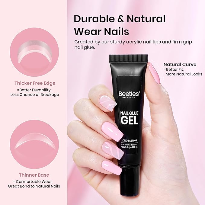Beetles Gel Nail Kit Short Square with Nail Dehydrator and Primer, 576Pcs Half Matte Etch-X Gel Nail Tips Solid Nail Glue Mini Nail Lamp Acrylic Nail Tips Easy DIY Nail Extension Set Gift for Women