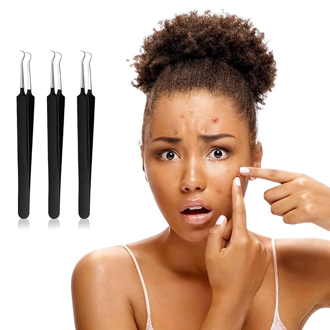 Honoson 3 Pcs Blackhead Tweezer Stainless Steel Pimple Tweezers Extractor Tool for Remove Zit Whitehead Pimple Bend Curved Tweezer Skin Blackhead Remover Tools(Black)