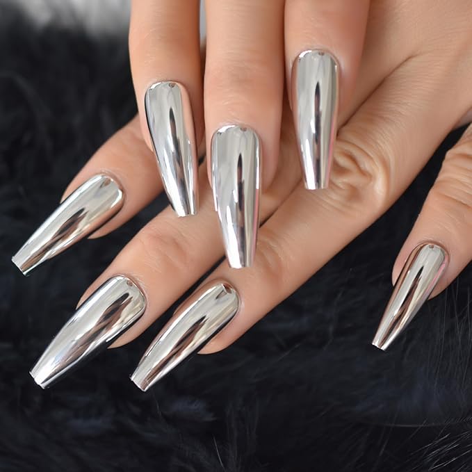 Super Long Shiny Punk Style Silver Coffin Ballerina Press on False Nails Metallic Acrylic Nails Reflective Mirror Nail Art Tips for party show
