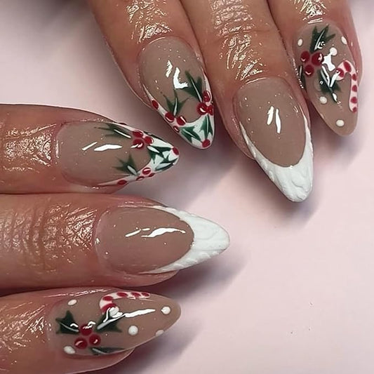 24Pcs Christmas Press on Nails Medium Almond Fake Nails with Xmas Holly Candy Designs 3D Embossed French Tip False Nail Full Cover Acrylic Nails Cute Snowflake Christmas Stick on Nail for Women