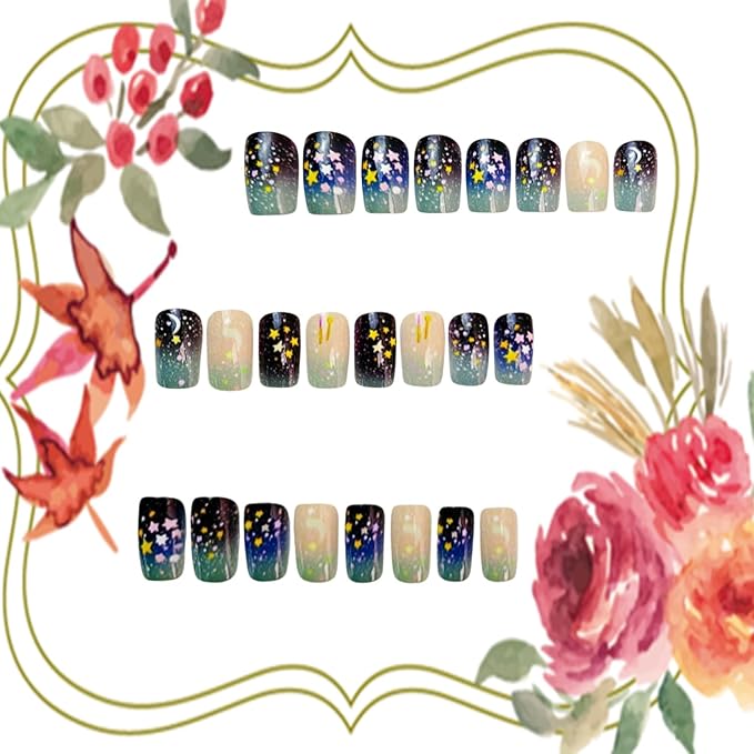 Press on Nails Mediun Ballet Shaped Stars Moon Glitter Sequins Design Colorful Gradient Acrylic False Nail Artificial Stick on Nails Glitter Manicure Glossy Reusable Glue on Nail for Women