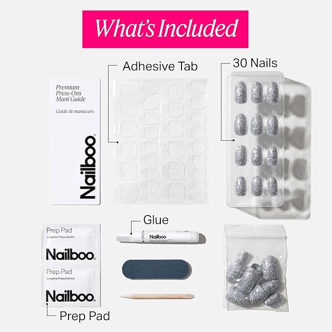 Nailboo Press On Nails, Salon-Quality Reusable Fake Nails for Fast DIY Manicure with Strong Hold Nail Glue for Press Ons, Nail File, & Alcohol Prep Pads, Gala Gal